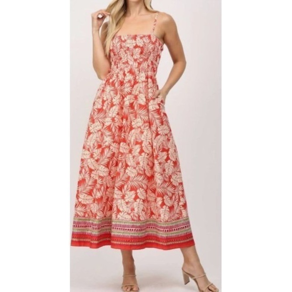 Fate Floral Smocked Midi Dress Burnt Orange Tropical Print Spaghetti Strap Large